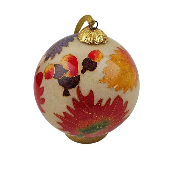 Hand Painted Glass Ornament Fall Leaves Green Gift Box Seasonal Decor Vintage - Picture 2 of 6